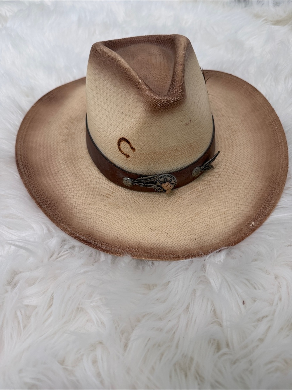 Charlie Horse Classic Tan Straw Cowboy Hat with Decorative Brown Leather Band